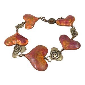 Heart Link Bracelet S/M Mixed Metals Distressed Puffy Hearts Boho Lagenlook